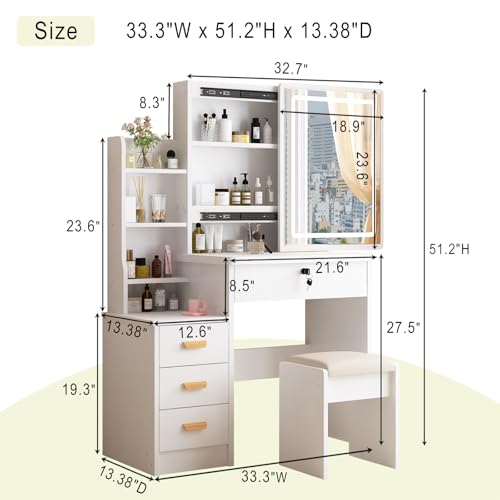 White Vanity Desk with Mirror and Lights, 3 Lighting Modes, Drawers, Open Storage Shelves N395271