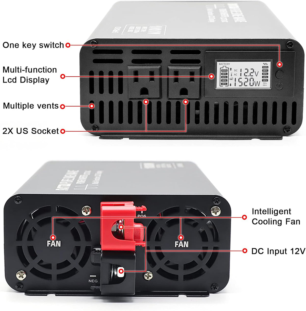 1500W Peak 3000W DC 12V to AC 110V 120V Power Inverter with 2 AC Outlets LCD Display E951645