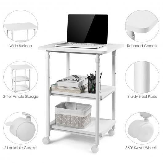 3-Tier Adjustable Printer Stand with Swivel Casters White I99042