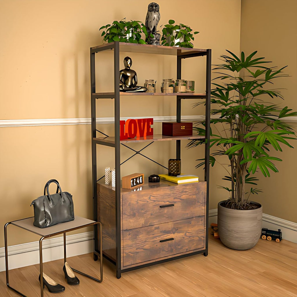 Tall Bookshelf with File Cabinet Drawers, Standing Shelf Units with Storage, Wooden Bookshelves, Vintage Brown L360082