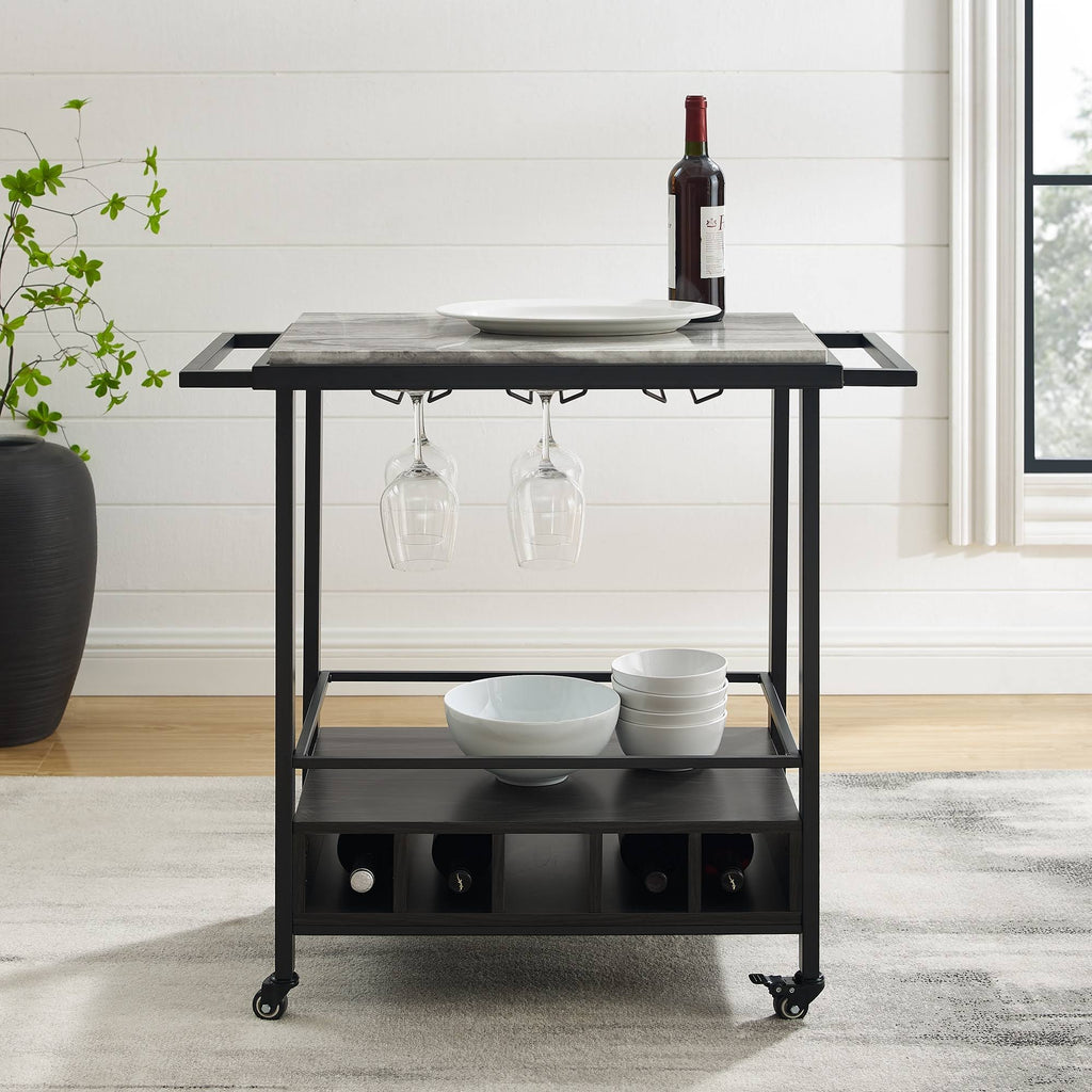 Faux Marble Serving Bar Cart with Dark Walnut Base B4901