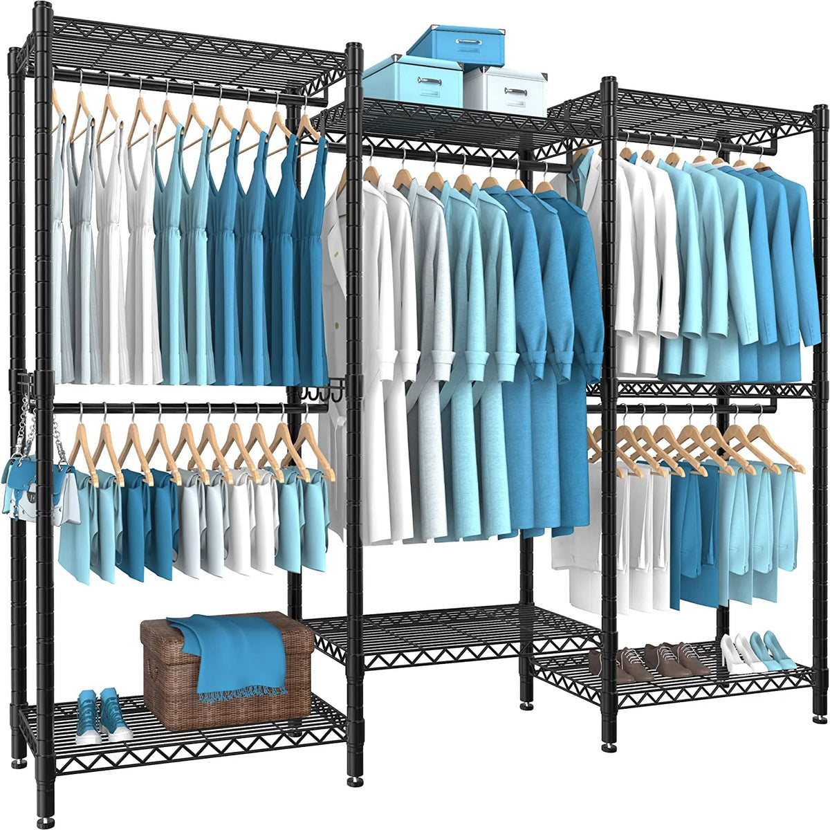 7 Tiers Black Metal Garment Rack with 5 Hanging Rods K528