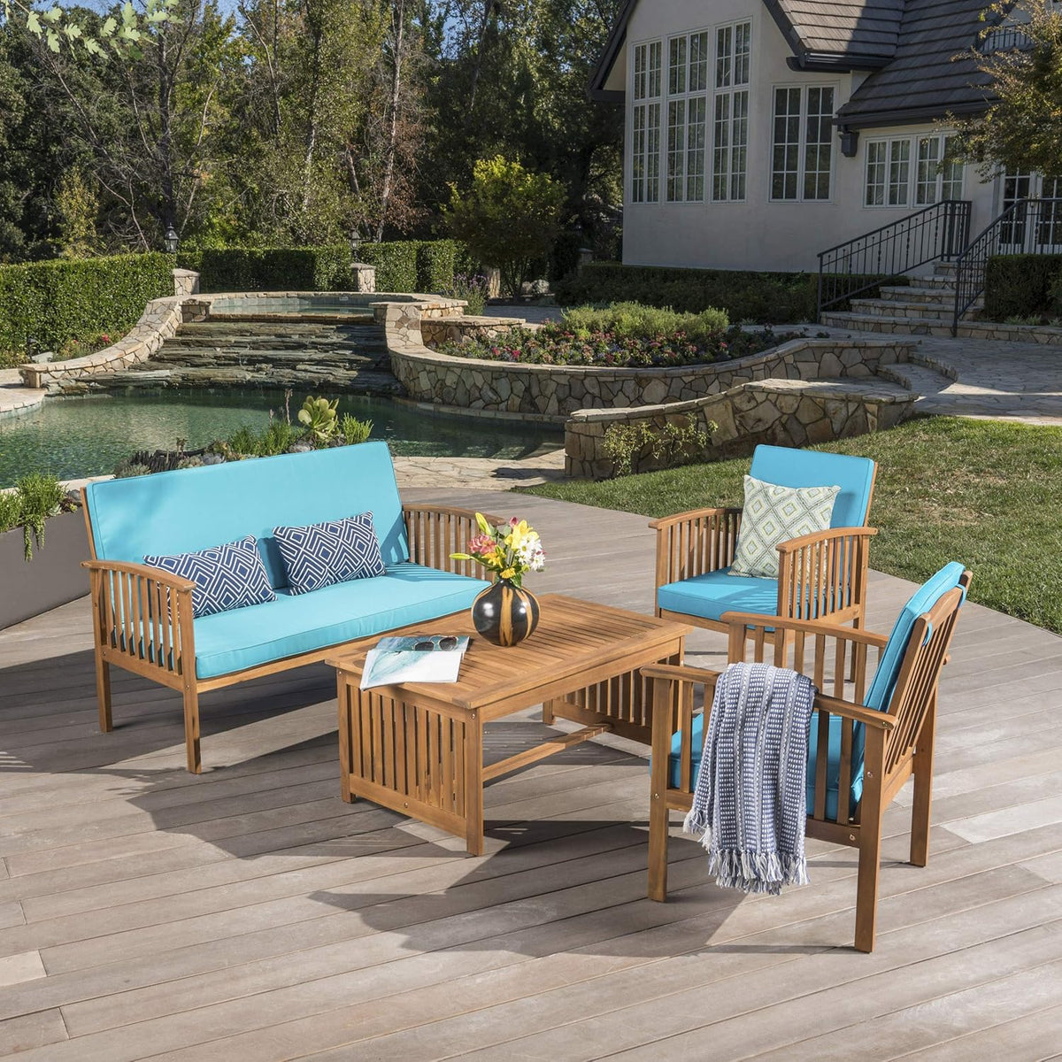 Acacia Wood Sofa Set with Water Resistant Cushions, 4-Pcs Set S86995