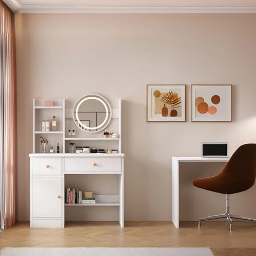 White Vanity Desk with Mirror and Lights, 3 Lighting Modes, Drawers, Open Storage Shelves N395271