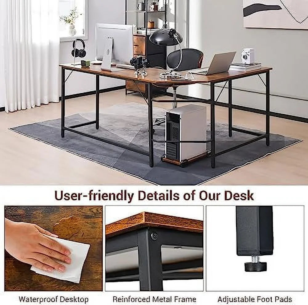 L-Shaped Desk with CPU Stand 66 Inch Wooden Metal Frame Black G644411