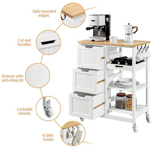 White Kitchen Island Cart on Wheels with Bamboo Countertop C757420