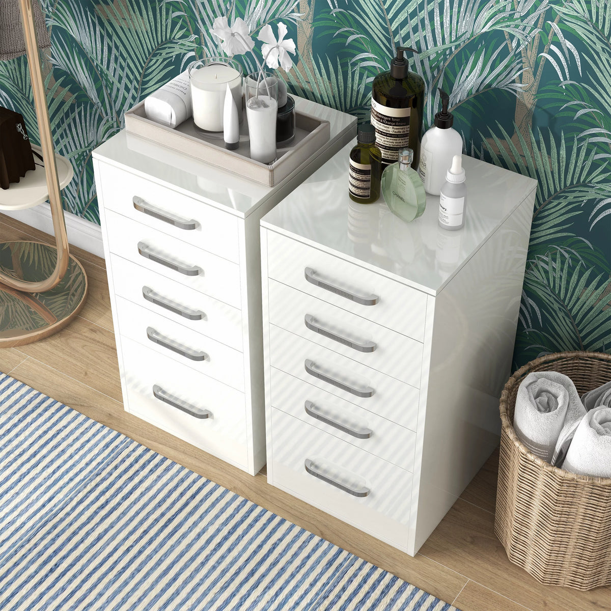 White 5-Drawer Wood Vanity Dresser Set of 2 D5833