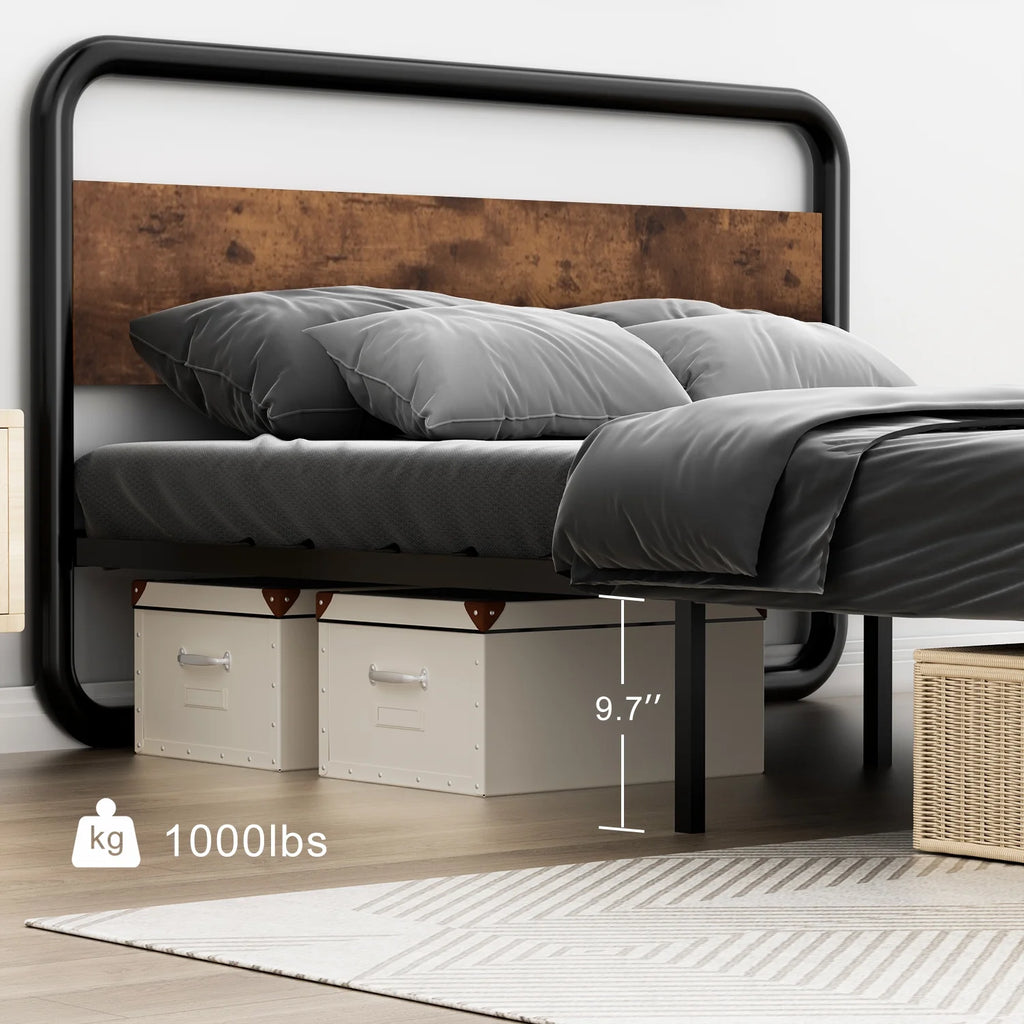 Queen Size Metal Platform Bed Frame with Wooden Headboard D637399