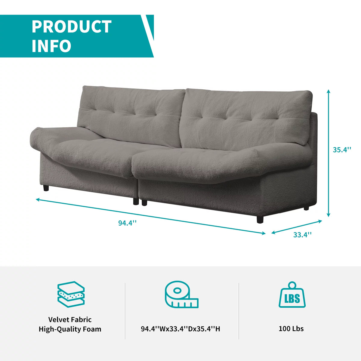 Lambs Wool Fabric 3-Seater Sofa Couch U942649