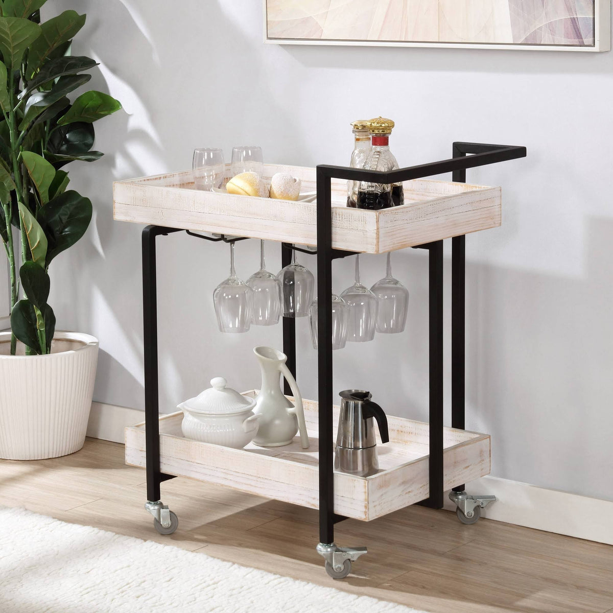 Antique White/Black 2 Shelf Serving Cart J1043