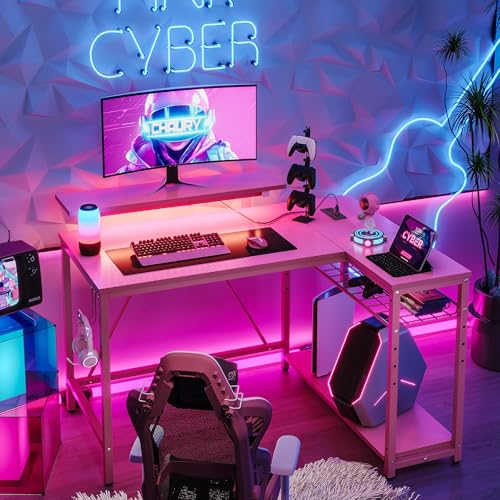 Pink L Shaped Computer Desk with Storage Shelves P84381