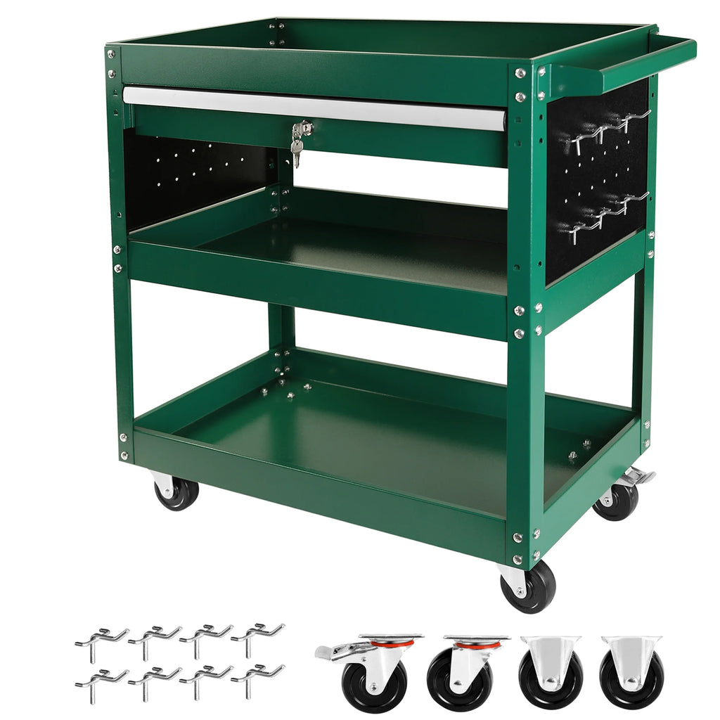 Rolling Tool Cart with Drawer, 3 Tray, 6 Side Hooks B46092