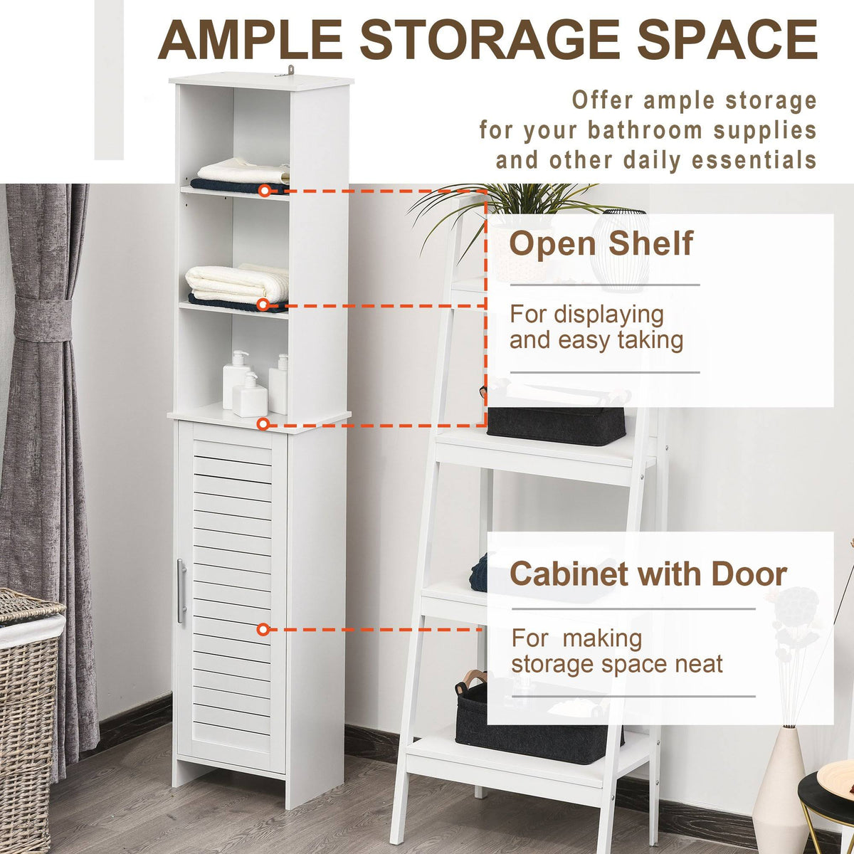 White Tall Storage Cabinet with Door and Open Shelves V879381
