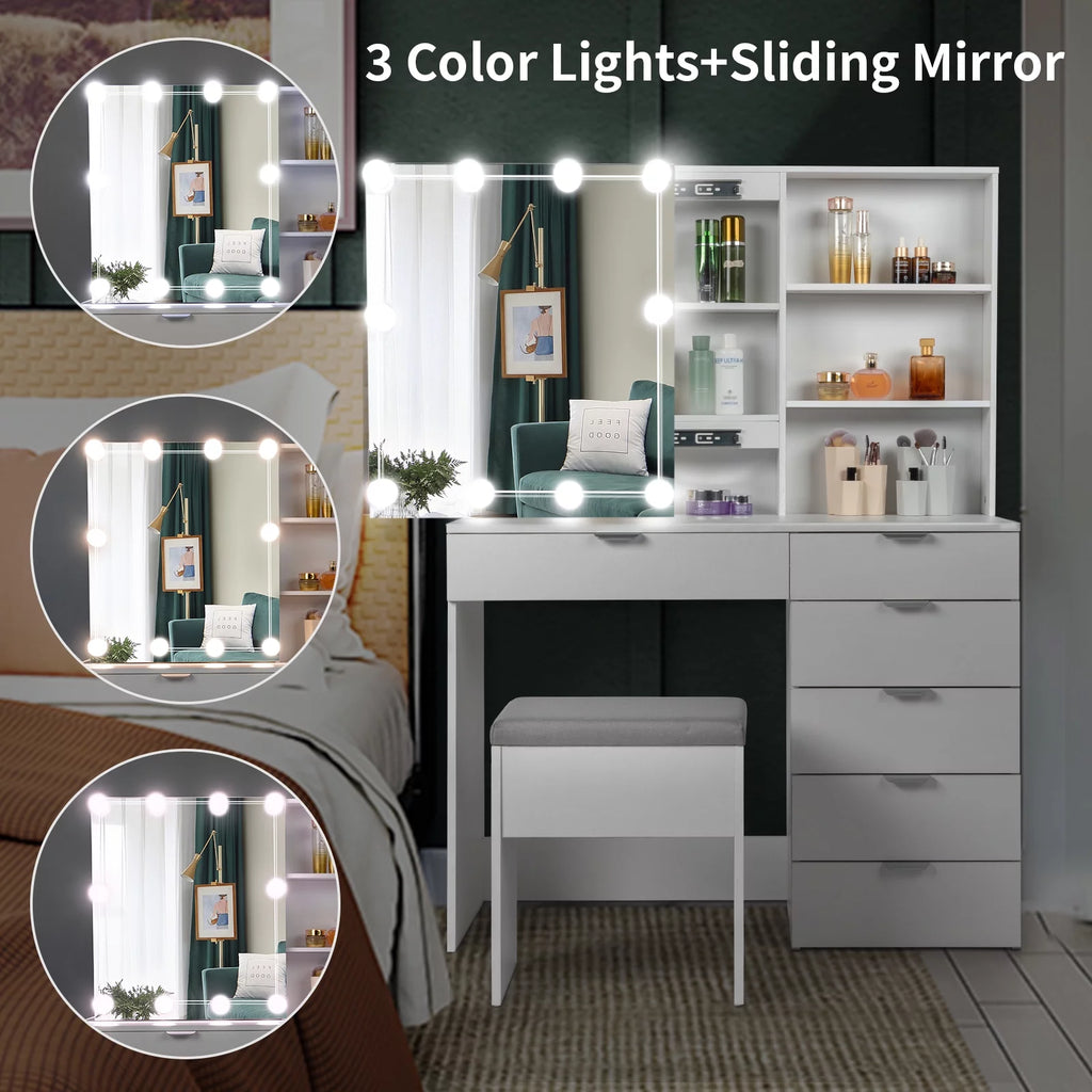 White Makeup Vanity Table Set with Sliding Mirror M8154