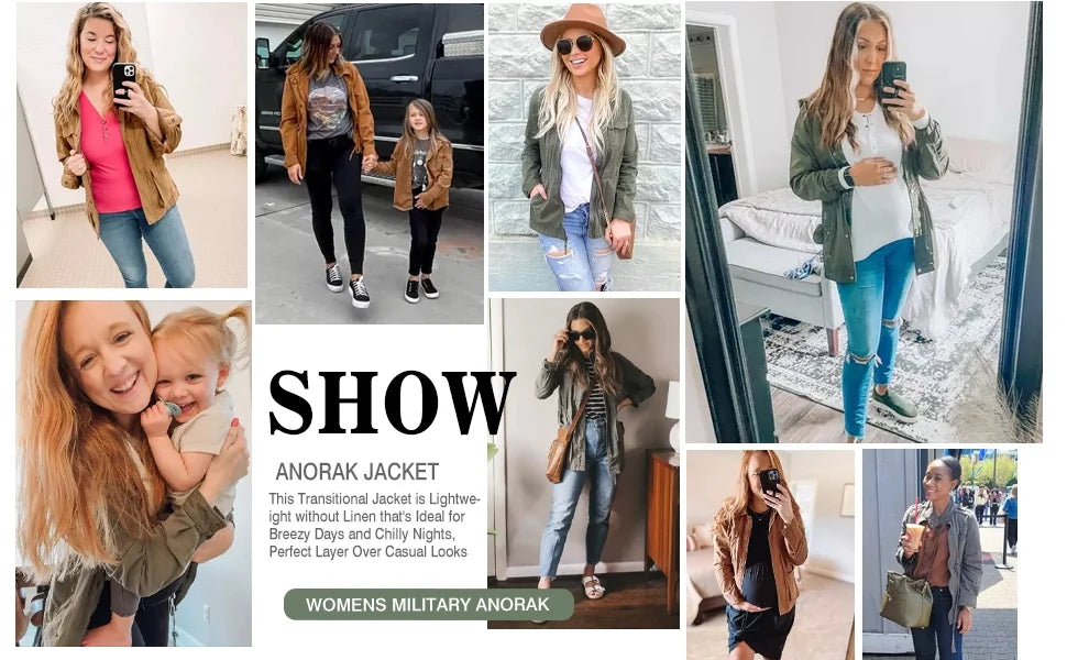 Women Military Utility Anorak Coat Zip Up Lightweight Jacket with Pockets B60077