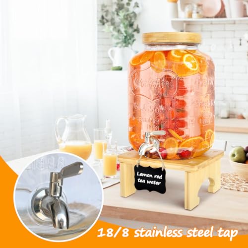 2 Gallon Glass Beverage Dispenser with Wood Stand and Stainless Steel Spigot C6822