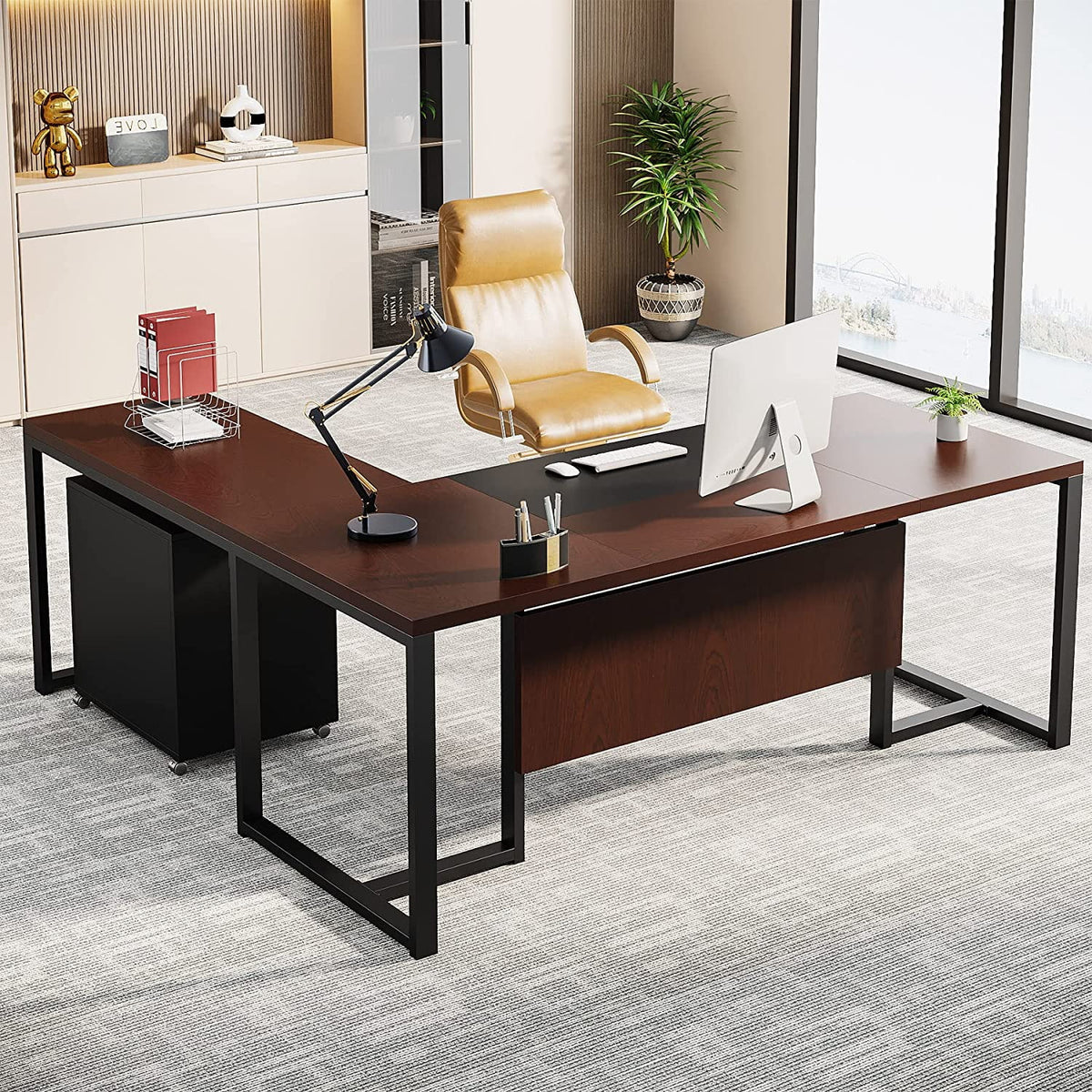 70.8” L-Shaped Executive Desk with File Cabinet C798