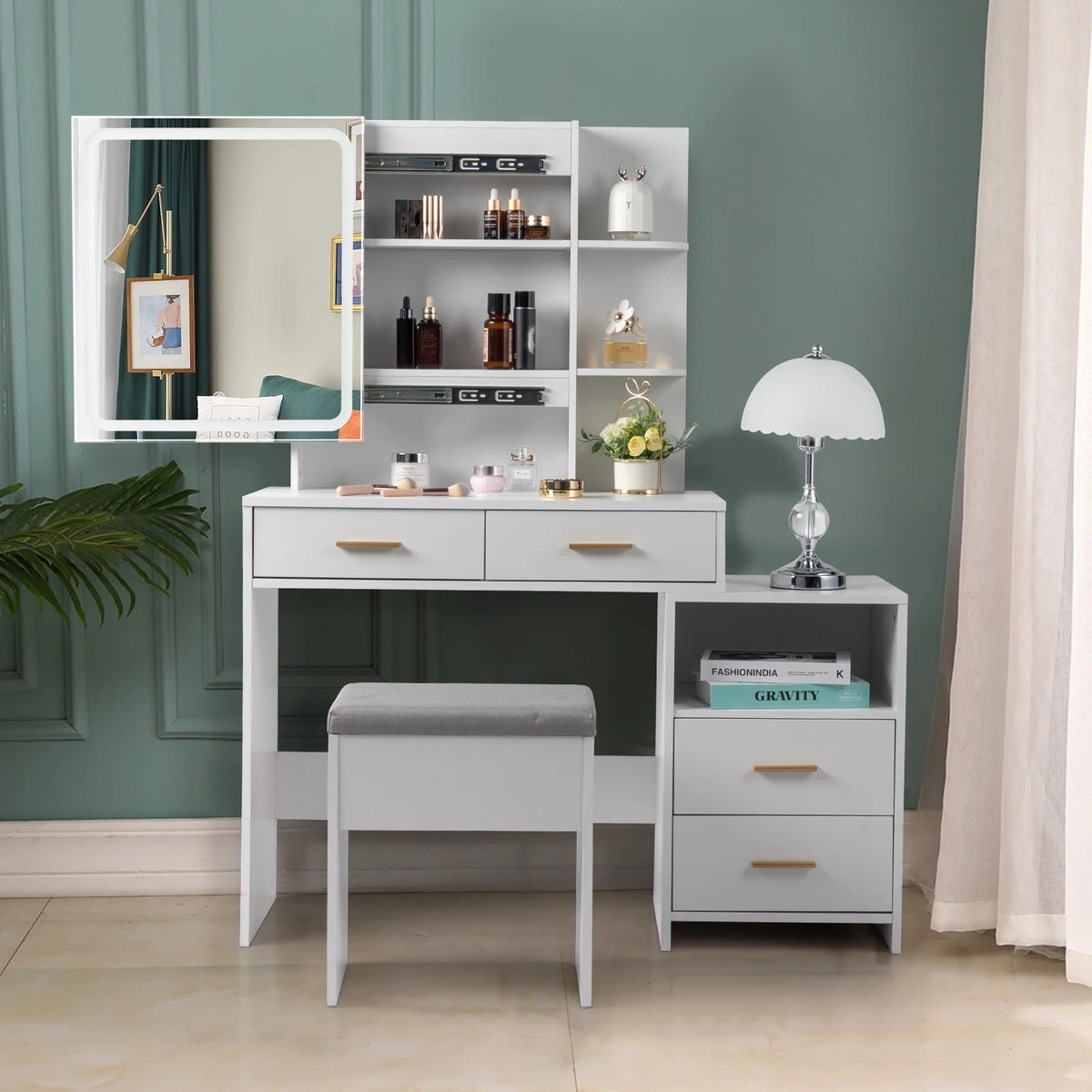 White Makeup Vanity Table Set with Sliding Mirror M8154