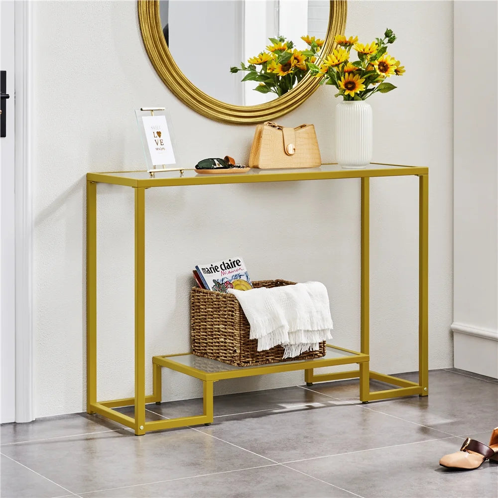 Gold Tempered Glass Console Table with Metal Frame V909252