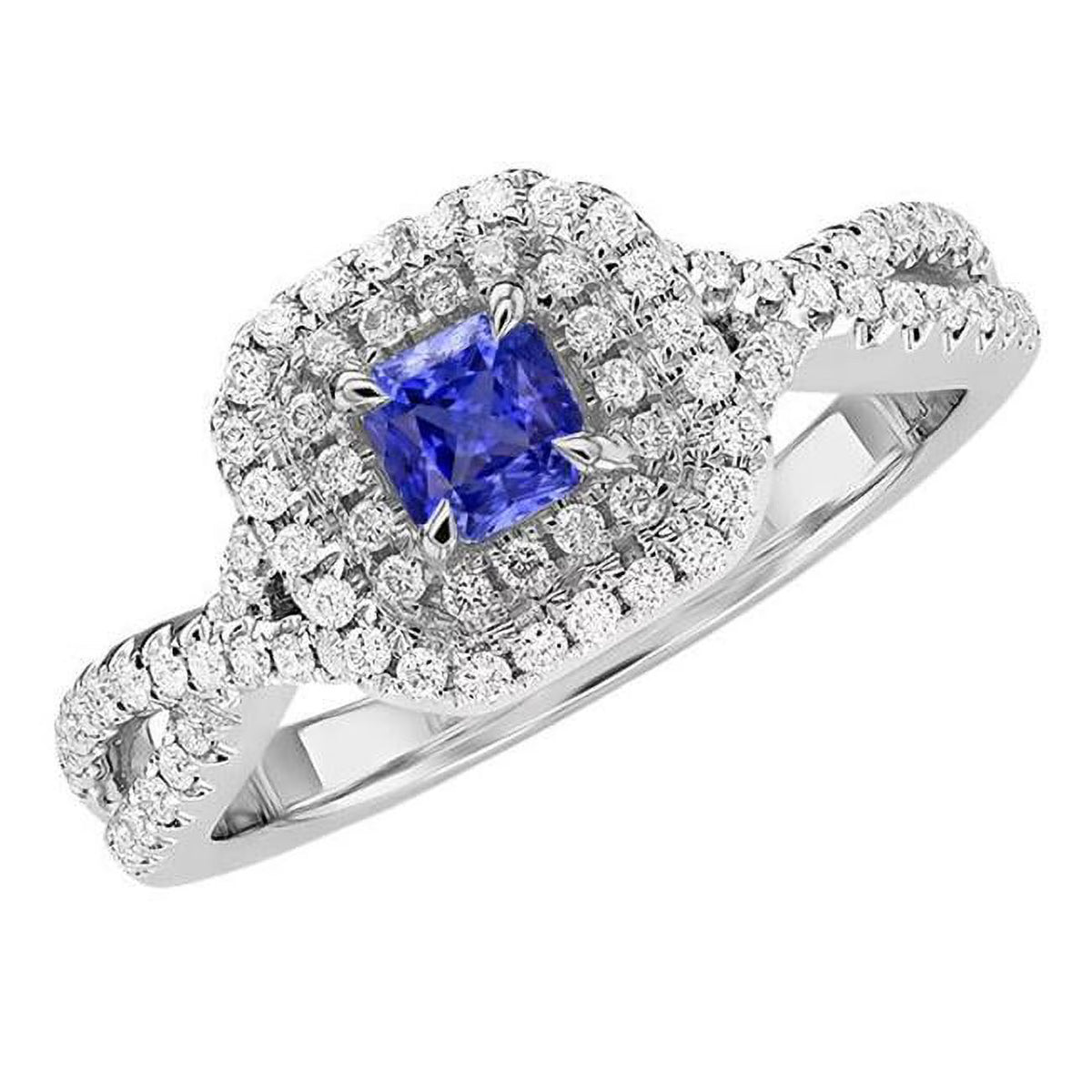 Blue Sapphire Halo Diamond Radiant Shape Ring N60861