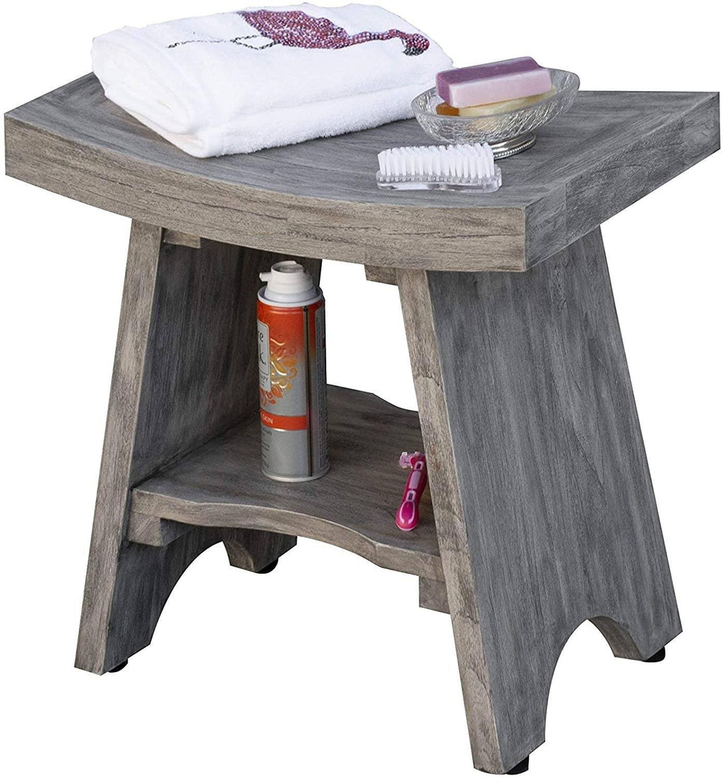 Gray Finish Teak Shower Bench with Shelf Y95843