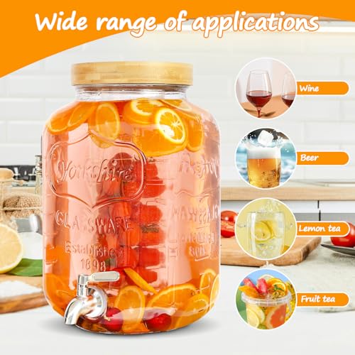2 Gallon Glass Beverage Dispenser with Wood Stand and Stainless Steel Spigot C6822