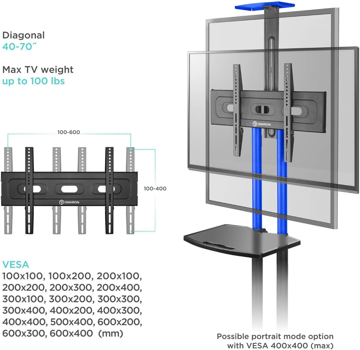 Mobile TV Stand Rolling TV Cart for 40” – 70” Flat Curved Screen TV with Wheels Shelves O47339