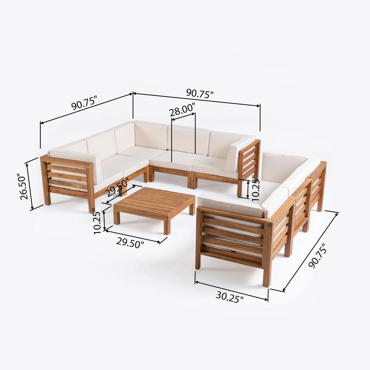 9 Piece Acacia Wood Sectional Sofa Set with Coffee Table and Cushions Z8700