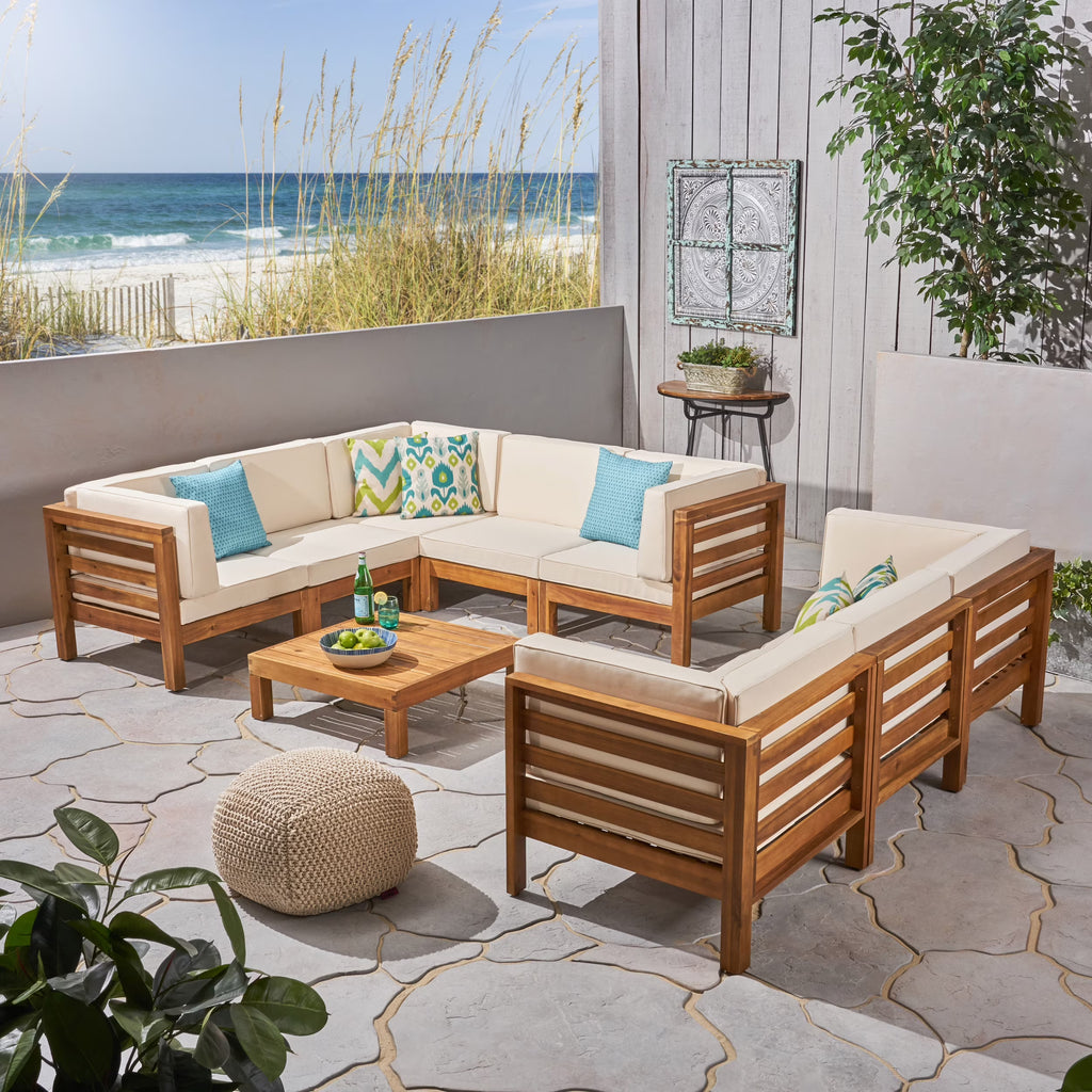 9 Piece Acacia Wood Sectional Sofa Set with Coffee Table and Cushions Z8700