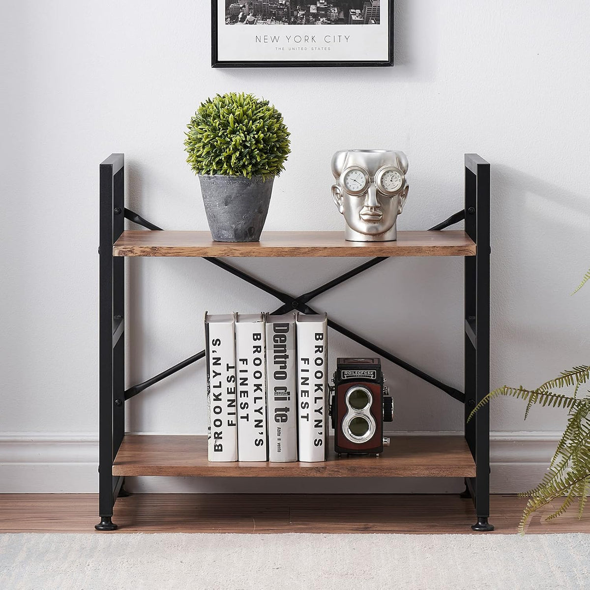 Rustic Brown 2 Tier Open Bookcase with Metal Frame U640