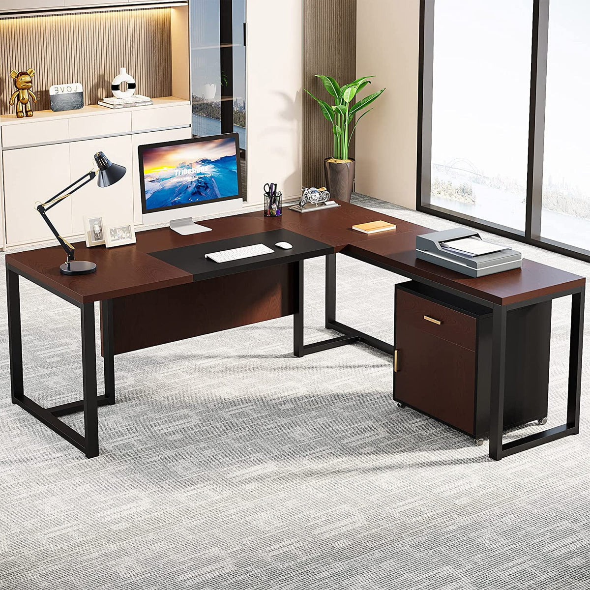 70.8” L-Shaped Executive Desk with File Cabinet C798