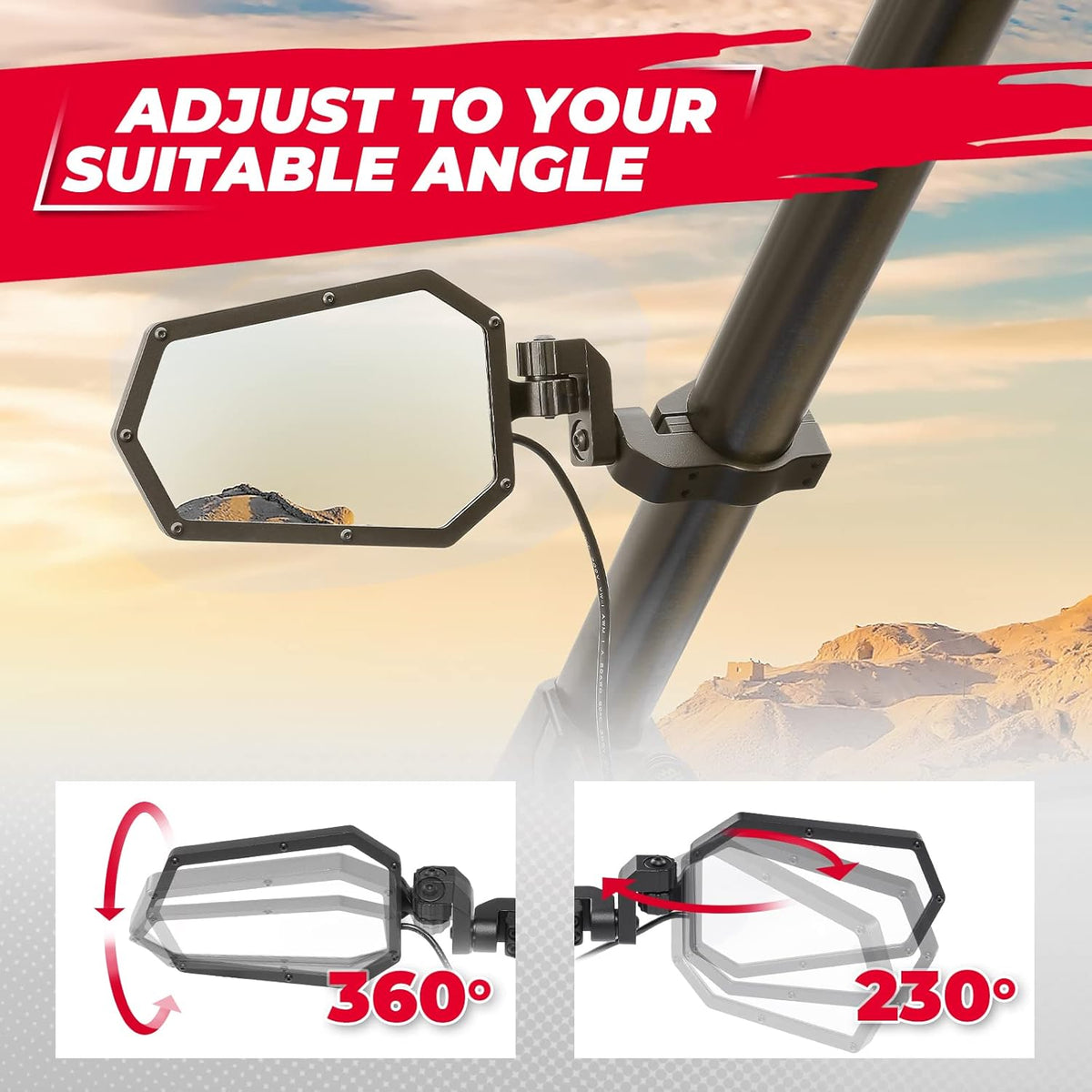 UTV Side Rear View Mirrors Aluminium for Roll Bar Cage with Windshield D41880