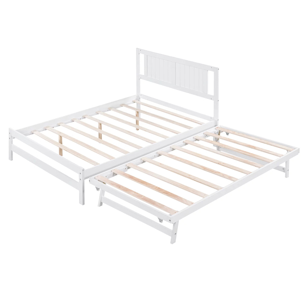 White Full Size Wood Platform Bed with Adjustable Trundle and Headboard A143