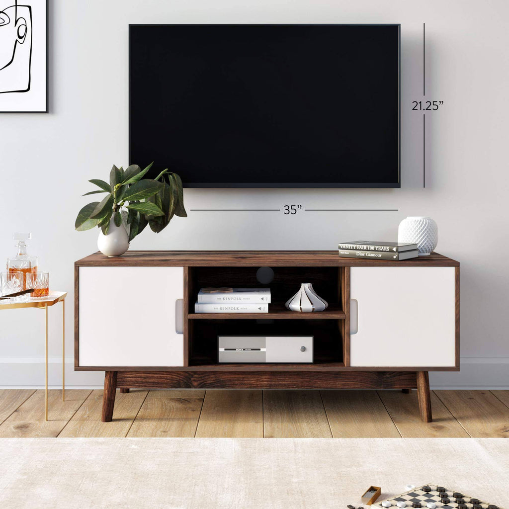 Brown Scandinavian TV Stand with White Cabinet Doors Y546