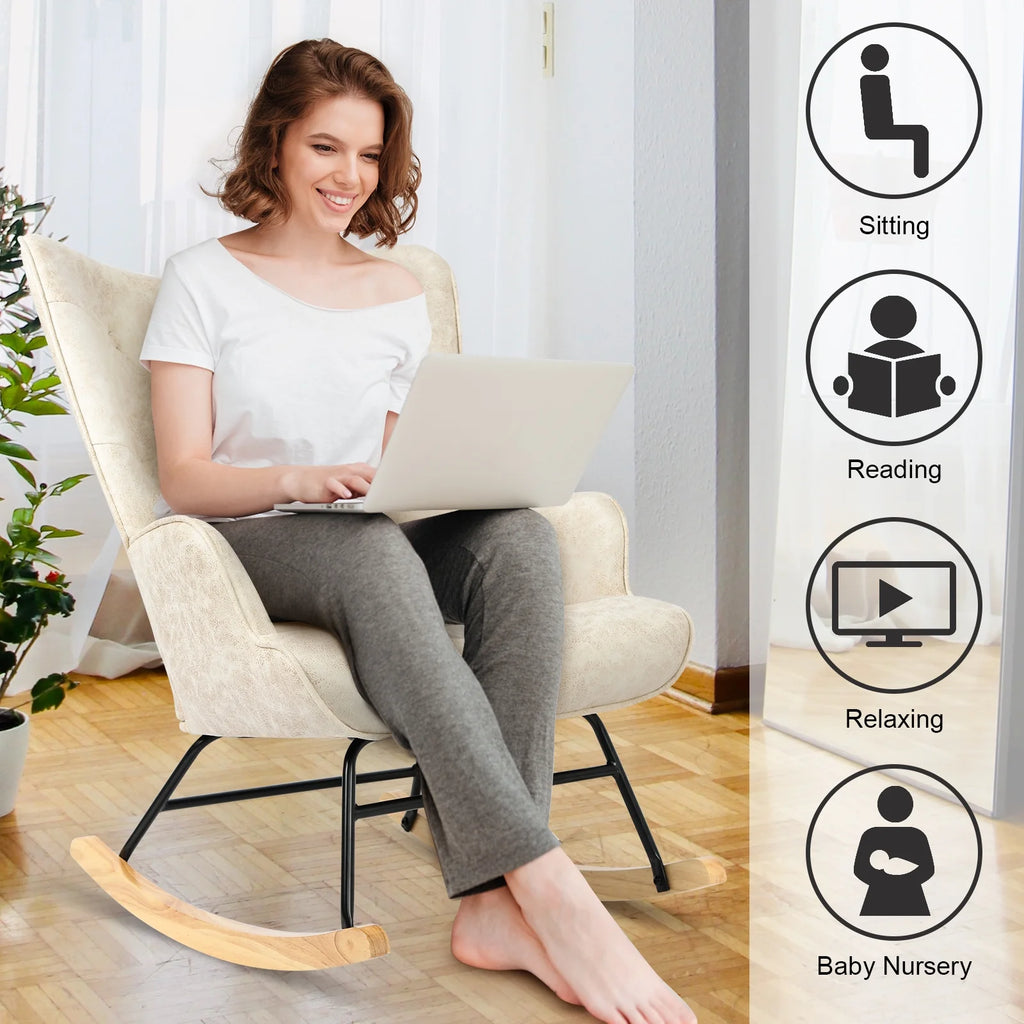 Polyester Fabric Rocking Chair with Wooden Base and Armrests White Z81992