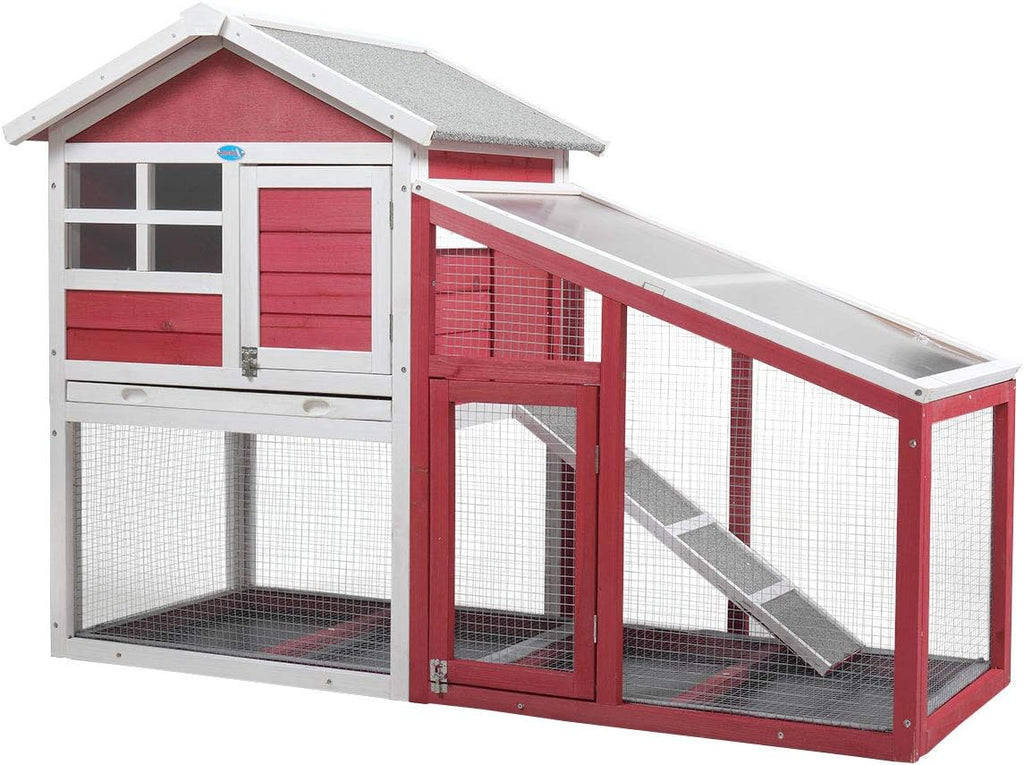 Rabbit Hutch Wooden Bunny Coop Hen House Outdoor Two-Story Animal Pet cage Garden Backyard with Run, 2 Colors(Red/Gray and White) J1140