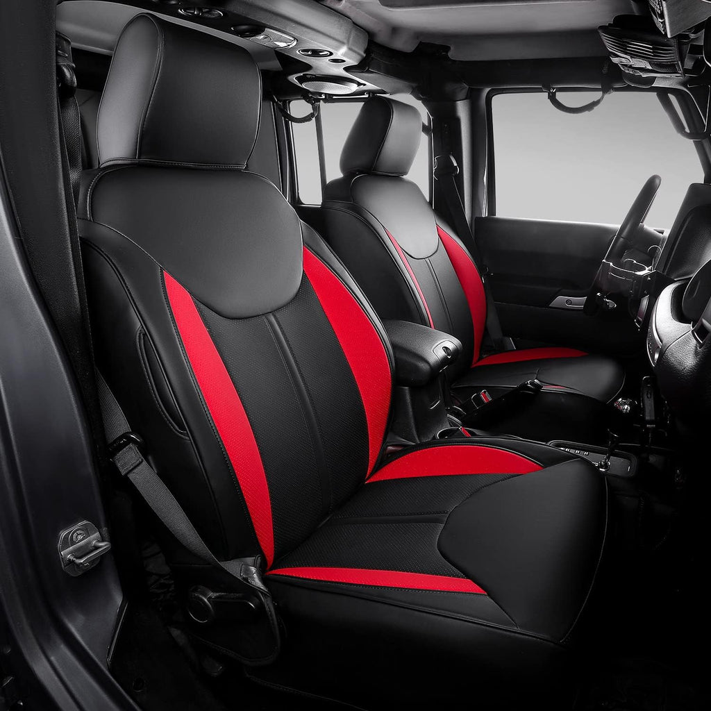 Black+Red PU Leather Seat Covers for Jeep Wrangler JK 4 Door, Pack of 2 H8354