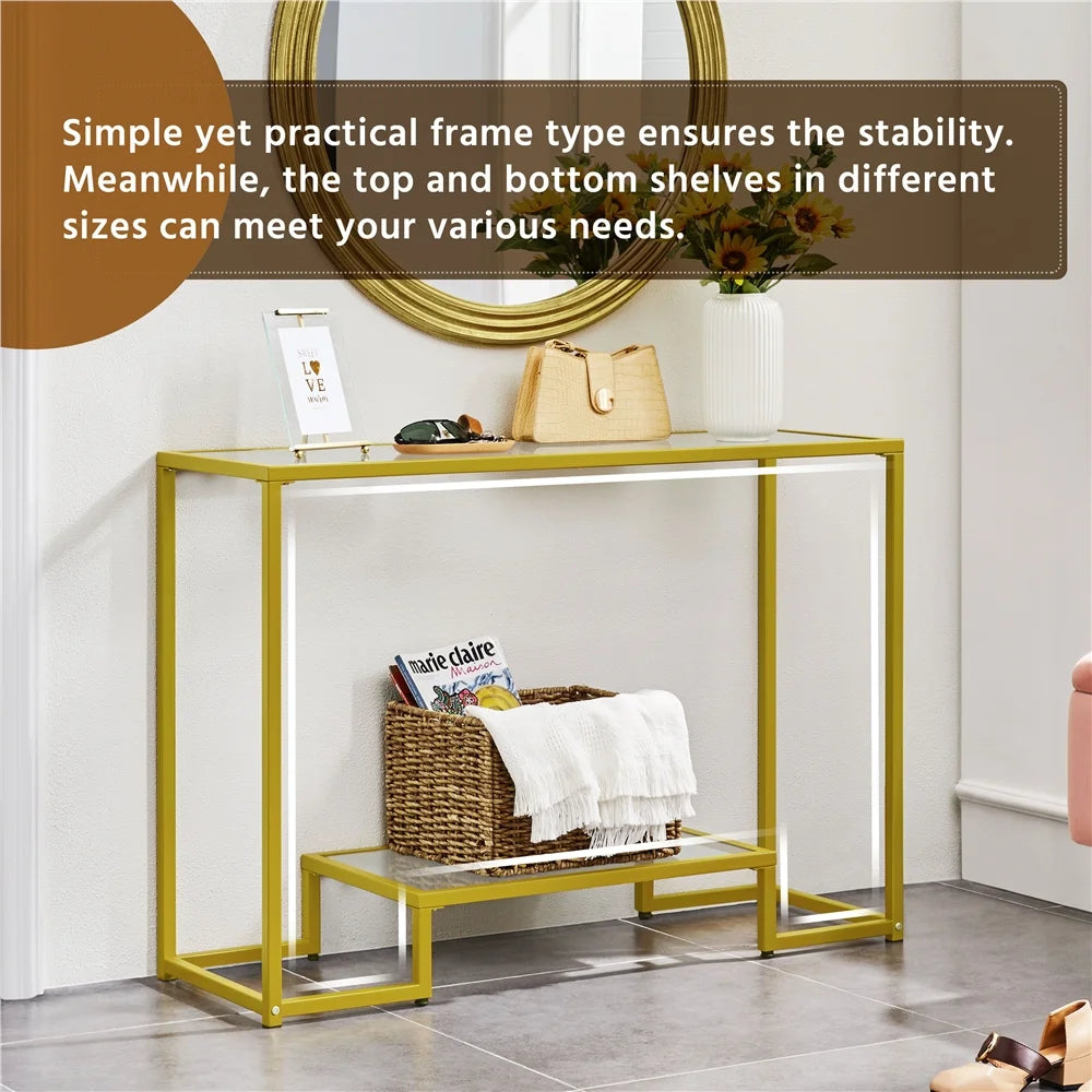 Gold Tempered Glass Console Table with Metal Frame V909252