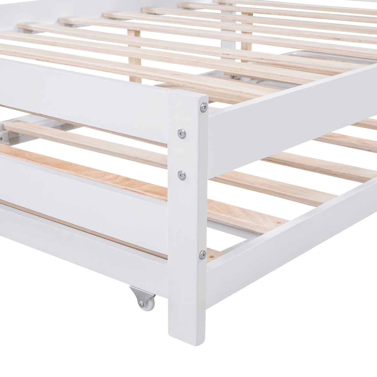 White Full Size Wood Platform Bed with Adjustable Trundle and Headboard A143