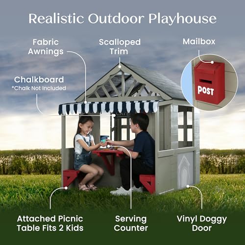 Wooden Cedar Playhouse with Play Sink and Picnic Table V553348