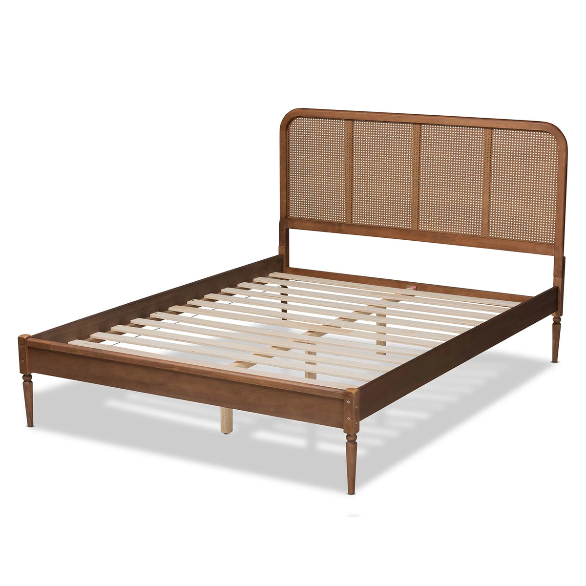 Walnut Brown Wood and Synthetic Rattan Queen Size Platform Bed D877