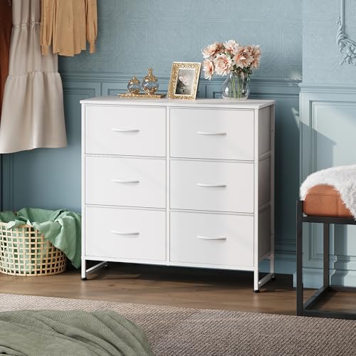 White 6 Drawer Fabric Dresser R9558