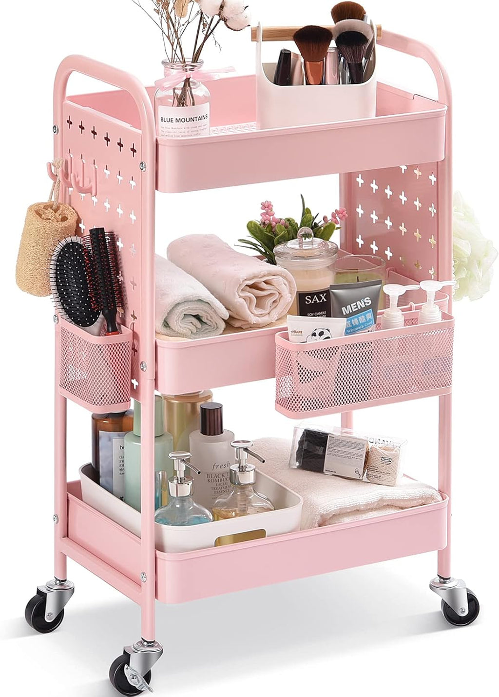 3-Tier Rolling Utility Storage Cart with Removable Baskets Hooks M581172