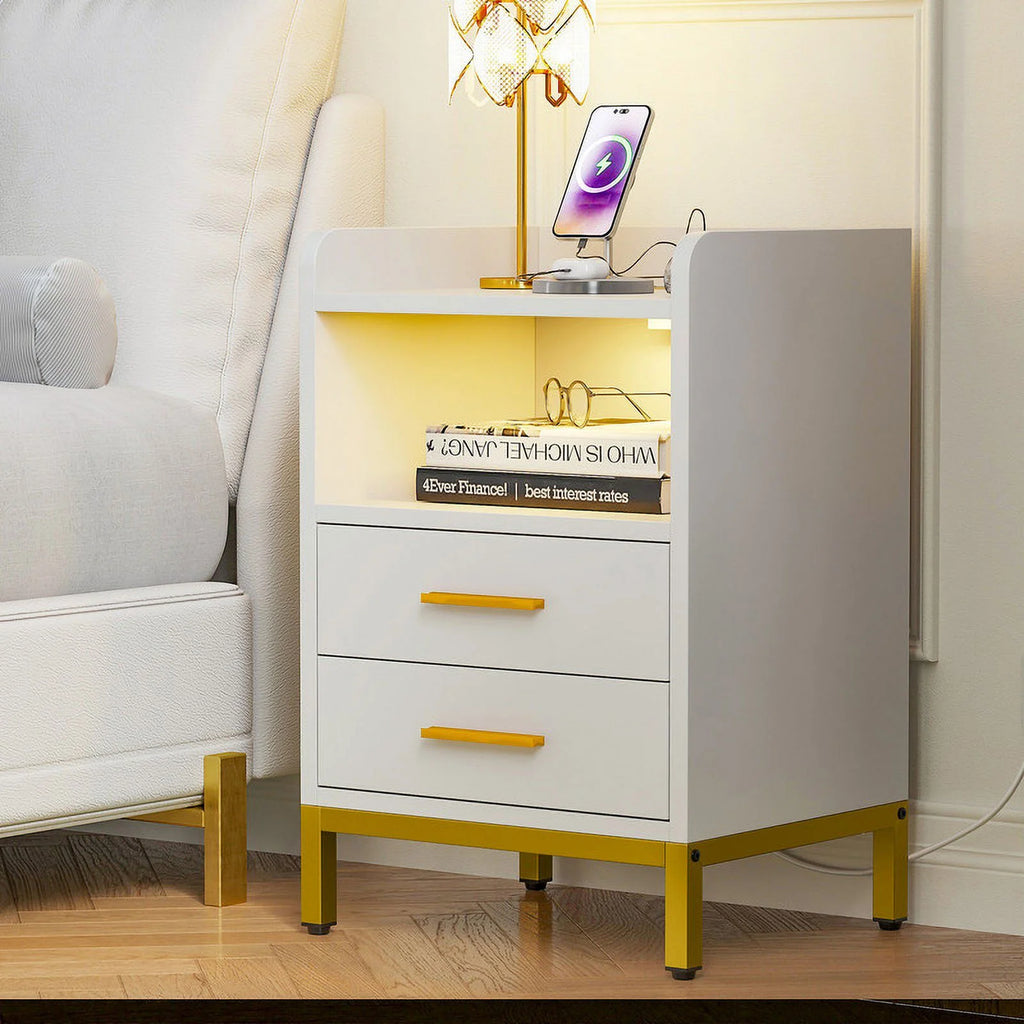 White Wooden Night Stand with Charging Station and Drawers G14334