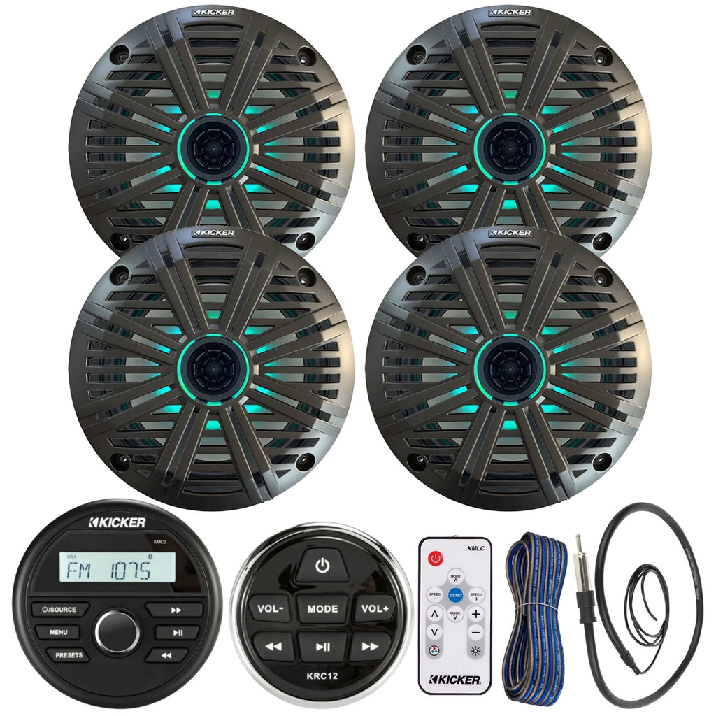 Bluetooth USB Marine Stereo Receiver Bundle with 4x 6.5 2-Way Coaxial LED Speakers P82774