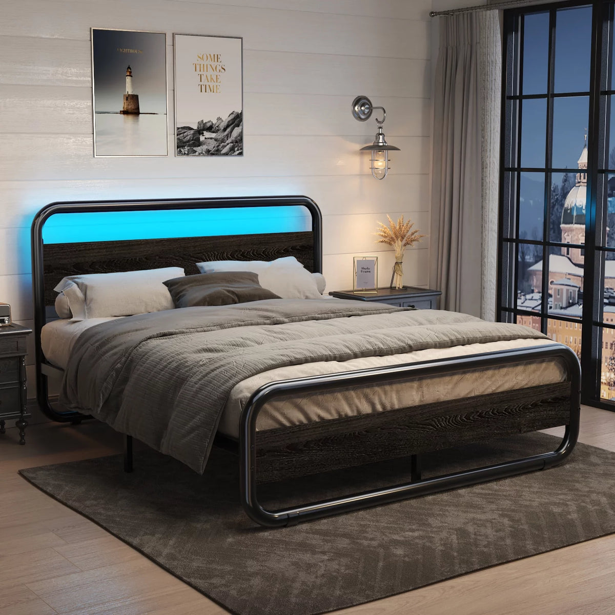 Queen Size Metal Platform Bed Frame with Wooden Headboard D637399