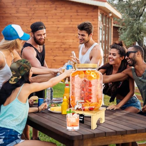 2 Gallon Glass Beverage Dispenser with Wood Stand and Stainless Steel Spigot C6822