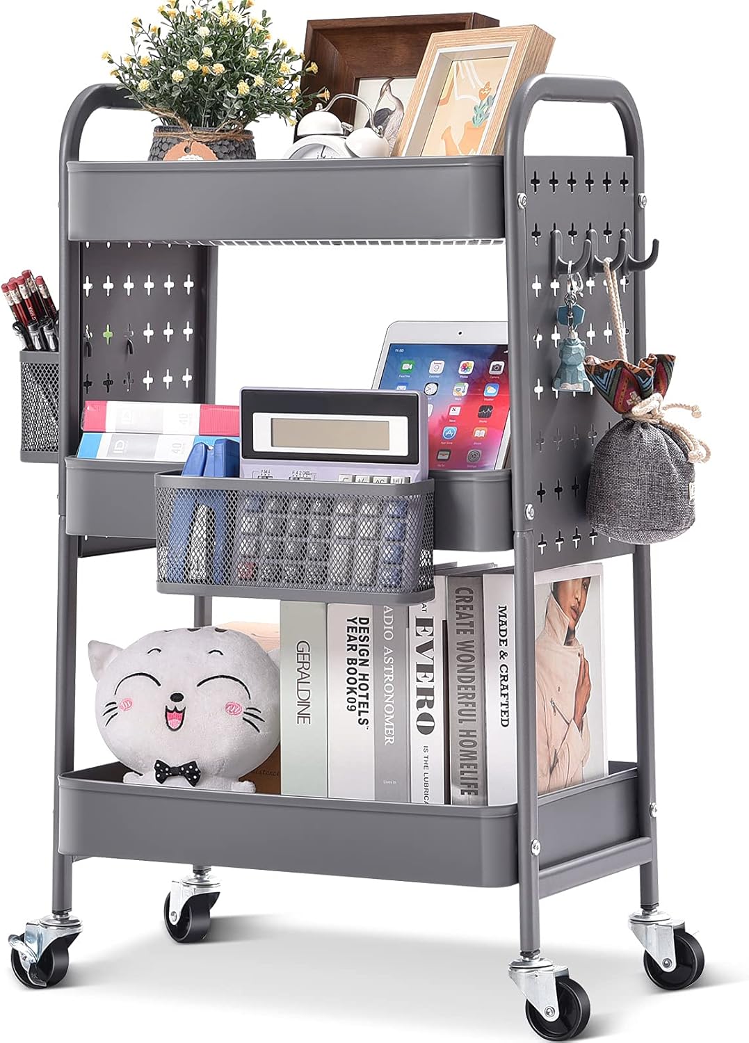 3-Tier Rolling Utility Storage Cart with Removable Baskets Hooks M581172