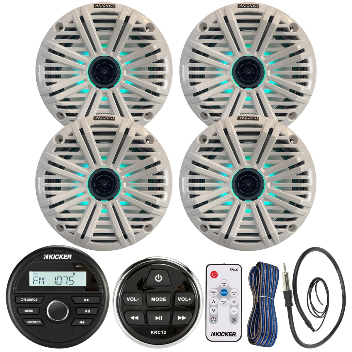 Bluetooth USB Marine Stereo Receiver Bundle with 4x 6.5 2-Way Coaxial LED Speakers P82774