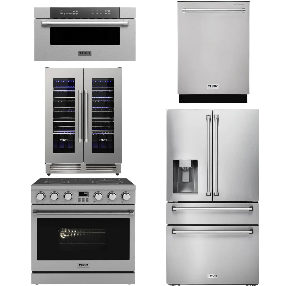 36 Electric Range, Refrigerator, Dishwasher, Microwave and Wine Cooler A2970